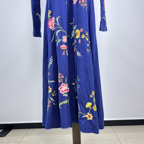 NWOT JOHNNY WAS Floral Embroidered Cotton Long Sleeves Midi Dress Size S Blue - Picture 4 of 13